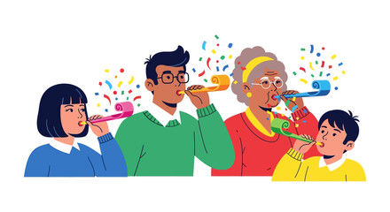Diverse family celebrating and blowing party horns with confetti