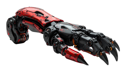 A futuristic robotic arm, black and red, with intricate mechanical details