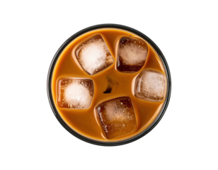 Overhead view of a round glass of iced coffee