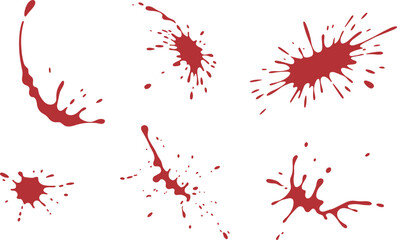 Set of six realistic red liquid splatter stains on white background, dripping paint or blood textures for horror art design