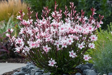 Pink and white Gaura lindheimeri flowers bloom together in a garden setting beautifully