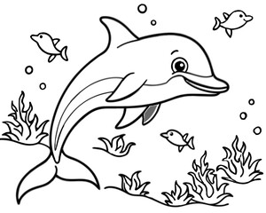 Fototapeta premium Cute cartoon dolphin and smaller fish swimming in the ocean with seaweed and bubbles for coloring