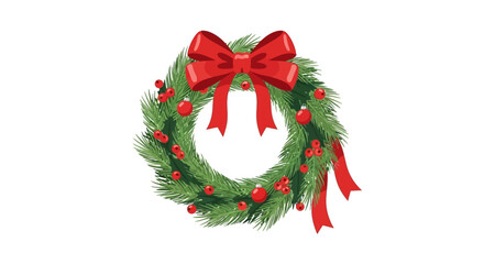 Vector illustration of a traditional evergreen Christmas wreath with red berries and a decorative bow for holiday design