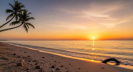 Tropical beach sunset paradise palm trees ocean waves sand idyllic seascape vacation destination travel