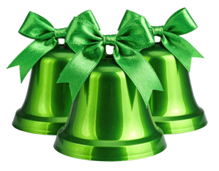 Three glossy green Christmas bells with bows