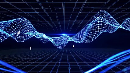 Futuristic digital wave with a grid background, viewed from a low angle. The video concept emphasizes technology and innovation in a virtual space. Live desktop wallpaper. - Powered by Adobe