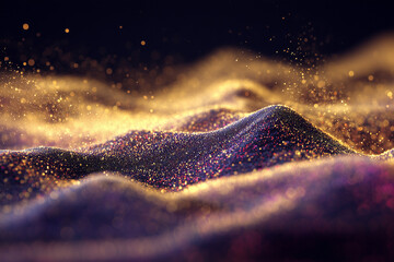 Paysage abstrait de particules lumineuses dor&eacute;es et violettes &eacute;voquant des dunes de sable scintillantes au cr&eacute;puscule