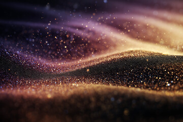 Paysage abstrait de particules lumineuses dor&eacute;es et violettes &eacute;voquant des dunes de sable scintillantes au cr&eacute;puscule