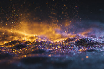 Paysage abstrait de particules lumineuses dor&eacute;es et violettes &eacute;voquant des dunes de sable scintillantes au cr&eacute;puscule