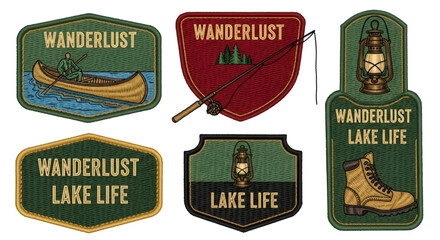 Collection of wanderlust lake life themed stickers featuring outdoor adventure and camping elements