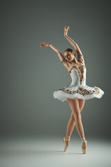 Elegant ballet dancer performing a graceful pose in a serene studio setting at dusk © LIGHTFIELD STUDIOS