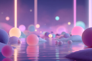 Paysage 3D onirique aux sph&egrave;res lumineuses et reflets pastel, sc&egrave;ne abstraite f&eacute;&eacute;rique sur fond d&rsquo;eau scintillante et colonnes de lumi&egrave;re