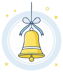Gold Jingle Bell with Blue Ribbon and Ring Accent Illustration for Christmas Holiday Season