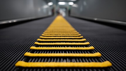 Symmetrical escalator steps leading down with bright yellow safety markings at a busy urban location