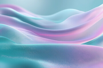 Paysage abstrait fluide en 3D avec vagues pastel et reflets iris&eacute;s, texture douce inspir&eacute;e du tissu et de la lumi&egrave;re nacr&eacute;e