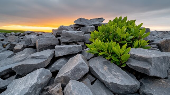 Green Plant Thriving on a Rock Pile at Sunset, The Burren, Ireland: A Symbol of Resilience and Natural Beauty Against a Dramatic Sky