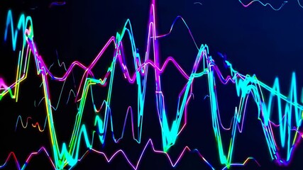 Abstract neon light waves in a dark setting, captured from a side angle. The vibrant colors create a dynamic, futuristic video effect. Live desktop wallpaper. - Powered by Adobe