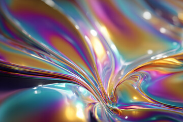 Forme fluide abstraite en verre color&eacute; avec reflets dor&eacute;s et violets sur fond doux bokeh