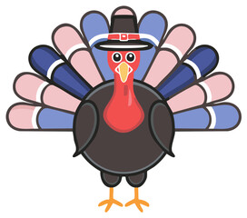 Fototapeta premium Cartoon Illustration of a Thanksgiving Turkey Wearing a Pilgrim Hat, with Bright Colorful Feathers