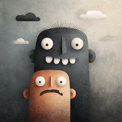minimalist comic drawing of a small nervous character feeling threatened by a large, toothy, black figure