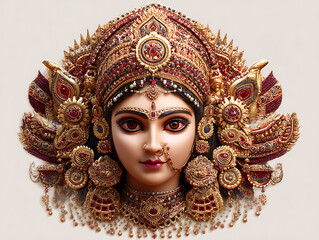  divine hindu deity face illustration with heavy traditional bridal or ceremonial gold and jeweled headdress