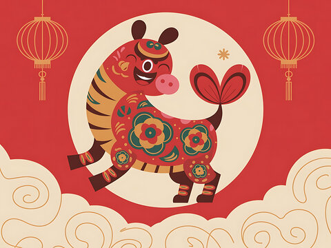 A funny cartoon illustration of an animal with lanterns for the Chinese New Year. Lunar New Year. 