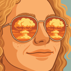 vector portrait of a man in sunglasses reflecting the clouds of a nuclear explosion. The last moment. reflection of a nuclear mushroom in sunglasses.
