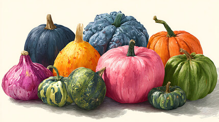  creative food art still life arrangement of colorful heirloom squashes and pumpkins digitally painted illustration