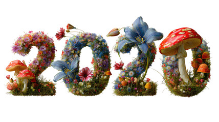Colorful 2020 numbers made of flowers and mushrooms with natural grass texture spring floral art isolated on white background