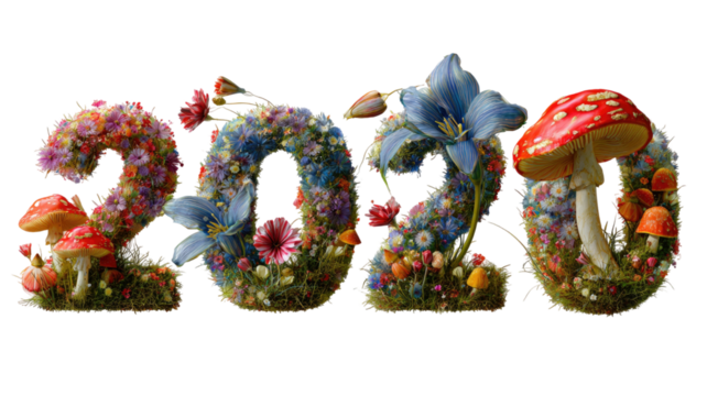 Colorful 2020 numbers made of flowers and mushrooms with natural grass texture spring floral art isolated on white background