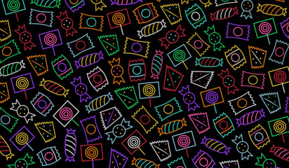 Neon candy pattern illustration with various colorful candy packaging on black background perfect for sweet product design party decoration or playful halloween theme