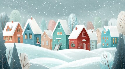 Cozy winter village. Сolorful houses are lined up along a snowy street, windows warmly glowing with light The town is surrounded by tall snowy trees. Generative AI