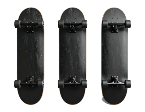 Three black skateboards, top view