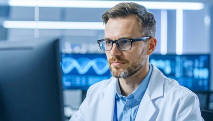 Focused scientist wearing glasses and a lab coat works on a computer with DNA graphics in a modern laboratory.