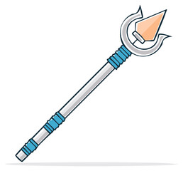 Magical fantasy spear with a silver crescent guard and blue handle cartoon illustration