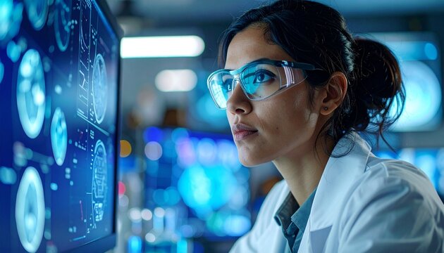 Focused female scientist wearing safety glasses analyzes data on a computer screen in a modern laboratory setting, surrounded by scientific equipment.