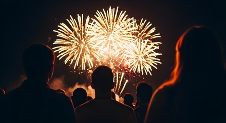 People watching a bright golden fireworks display explode in the night sky silhouette