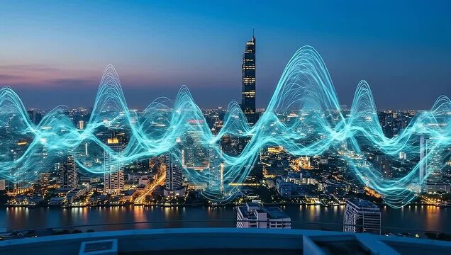 Evening cityscape featuring data visualization superimposed on buildings and river, in blue hues - Powered by Adobe