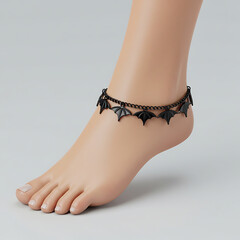 Black bat-themed ankle bracelet displayed on a mannequin foot  