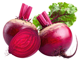 Two vibrant red beets, one sliced, with fresh green leaves