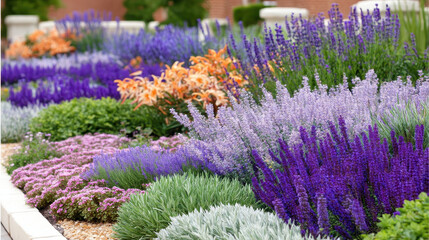Obraz premium Colorful lavender, sage, and perennial flowers bloom in vibrant garden bed, surrounded by lush green foliage and ornamental grasses, creating peaceful and inviting outdoor landscape