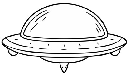 Cartoon style black and white line art of a classic UFO or alien spacecraft