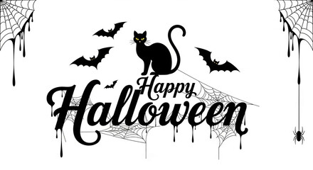 Black cat, bats, spider, and spiderwebs on white background surrounding "Happy Halloween" text ideal for spooky holiday greeting or design element