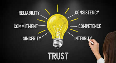 Chalk drawing of lightbulb on blackboard, surrounded by words: reliability, commitment, sincerity, consistency, competence, integrity, trust.  Illustrates core business values