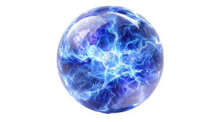 Blue electric energy sphere with lightning plasma discharge glowing power ball electricity light effect isolated on white background