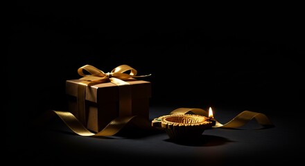 elegant puja diya, premium gift box with gold ribbon, single sparkler against pure black background, dramatic spotlight lighting, luxury simplicity, sophisticated festival concept