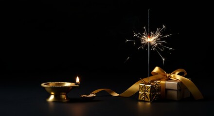 elegant puja diya, premium gift box with gold ribbon, single sparkler against pure black background, dramatic spotlight lighting, luxury simplicity, sophisticated festival concept