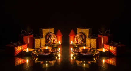 Lakshmi idol with elaborate puja thali arrangement, lit diyas, marigold garlands, offerings, fireworks lighting up sky visible through window, warm divine lighting, traditional goddess worship