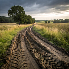 Country road with tire tracks winding through green fields  