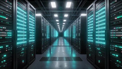 Futuristic server room with glowing blue lights and rows of data racks creating a digital network atmosphere 4k video - Powered by Adobe